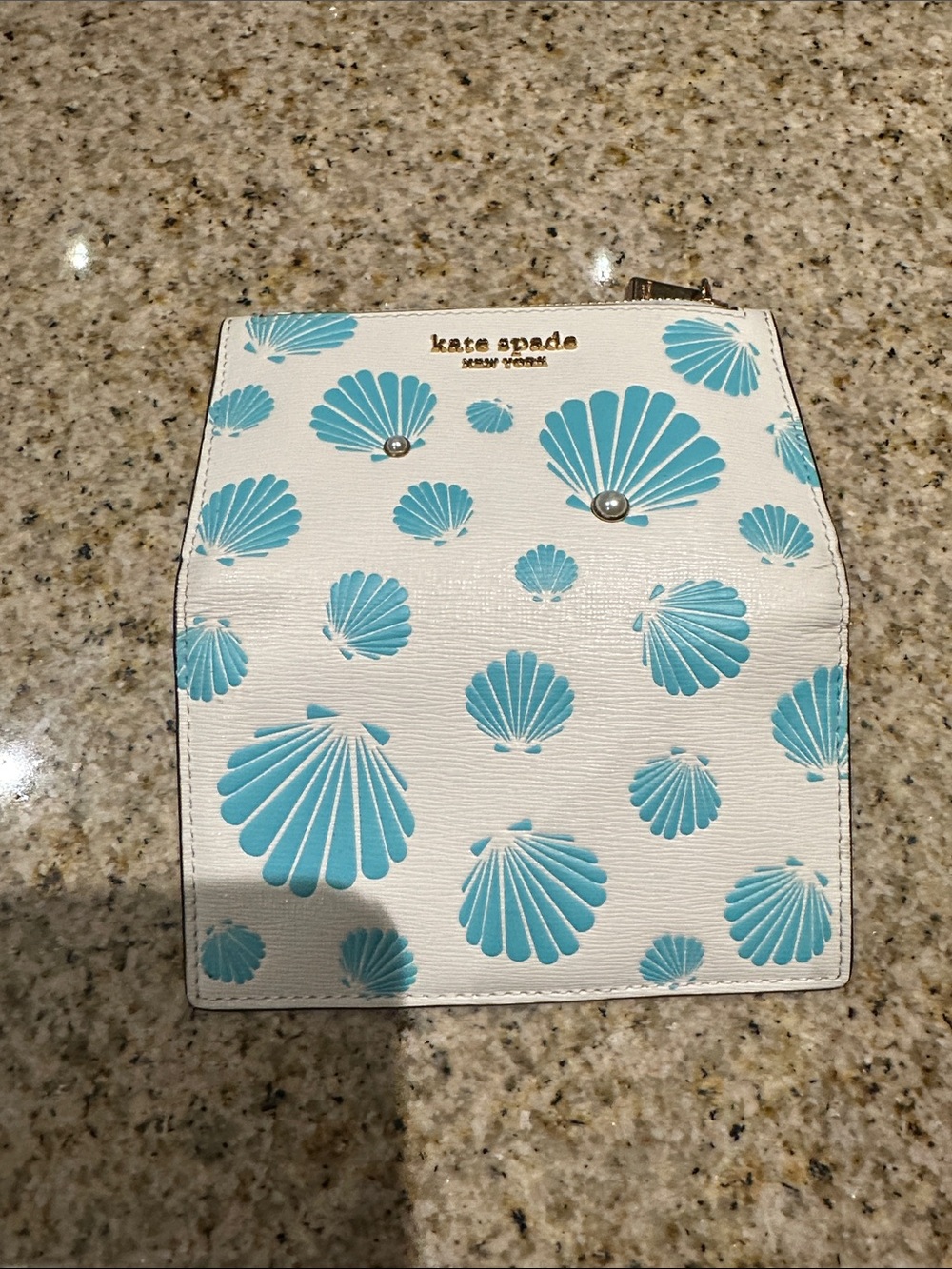 Kate Spade White & Aqua Seashell Zip Pouch